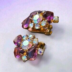 Vintage Cluster Clip Earrings Purple Crystals AB Rhinestones